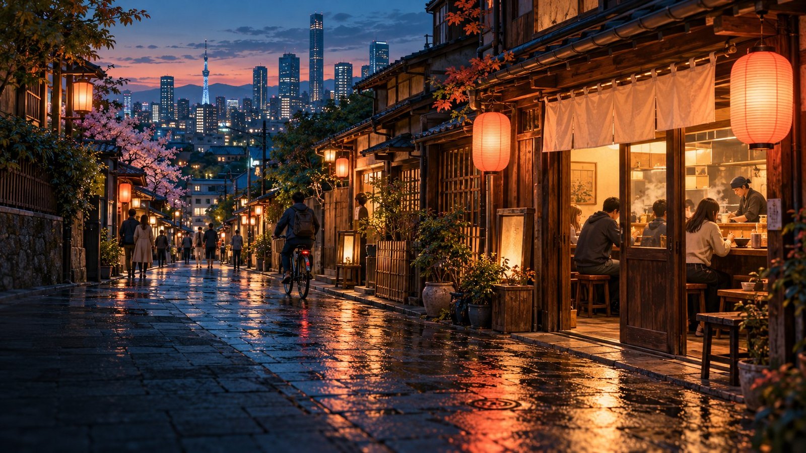 Editorial illustration of a warmly lit Japanese food street at dusk, with city towers in the distance.