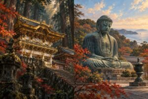Original editorial composite inspired by a richly decorated Nikko shrine gate and Kamakura's Great Buddha, with an artistic coastal backdrop; not a photograph or a single real viewpoint.