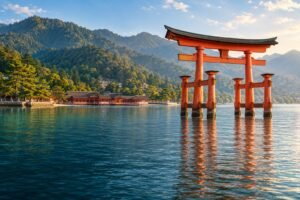 Original editorial illustration of the Great Torii and Itsukushima Shrine beside Miyajima’s wooded shore.