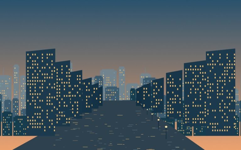 Original conceptual illustration of an evening avenue between high-rise buildings in western Shinjuku