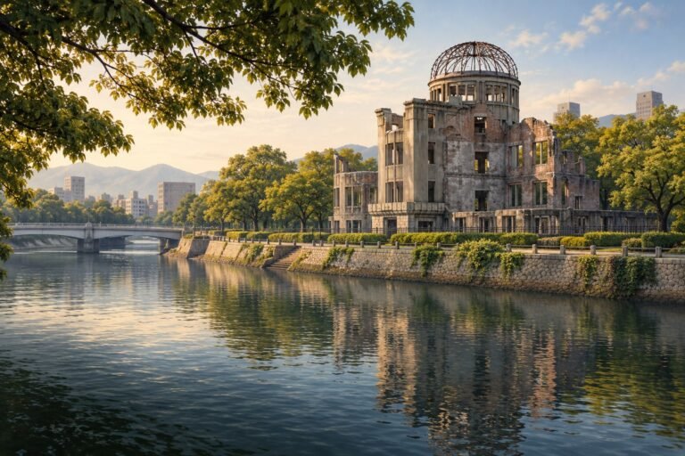 Original editorial illustration of Hiroshima Peace Memorial Park with its memorial landscape and the Atomic Bomb Dome in the present day.