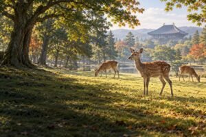 Original editorial illustration of sika deer grazing and resting among mature trees in Nara Park.