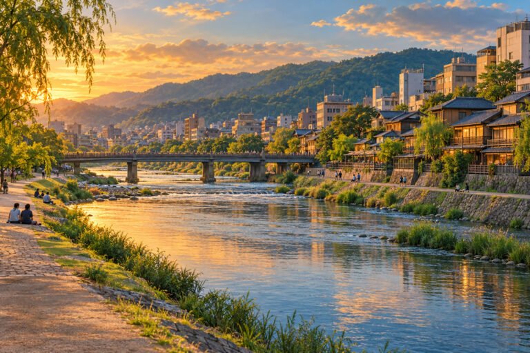 Illustration of a Kyoto-inspired river scene with riverside paths, a bridge, buildings and wooded hills in evening light.