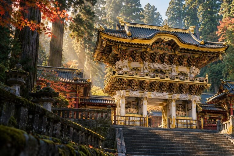 Original editorial illustration inspired by Nikko’s ornate Yomeimon Gate, framed by tall cedar trees.