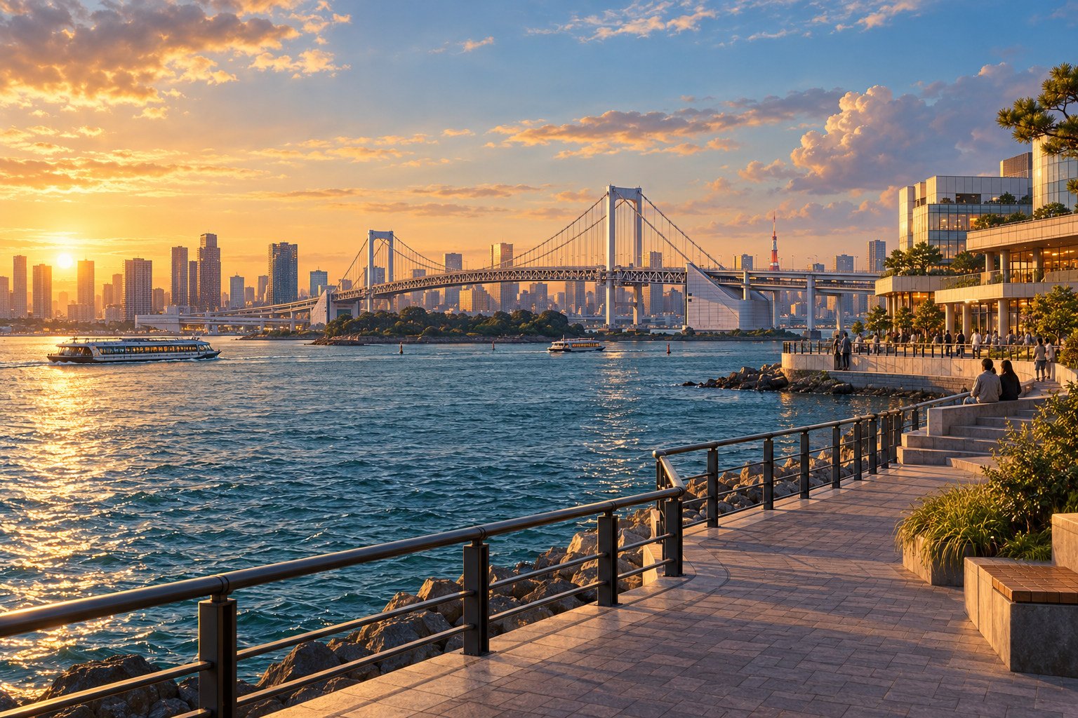 Illustration of an Odaiba waterfront promenade, Tokyo Bay, boats and a bridge inspired by Rainbow Bridge in warm evening light.