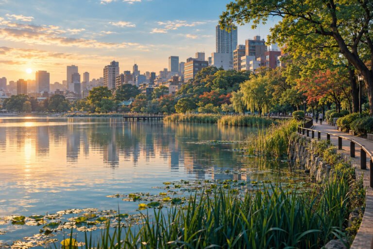 Illustration of a pond with lotus leaves, a tree-lined path, distant walkers and city buildings, inspired by Ueno.