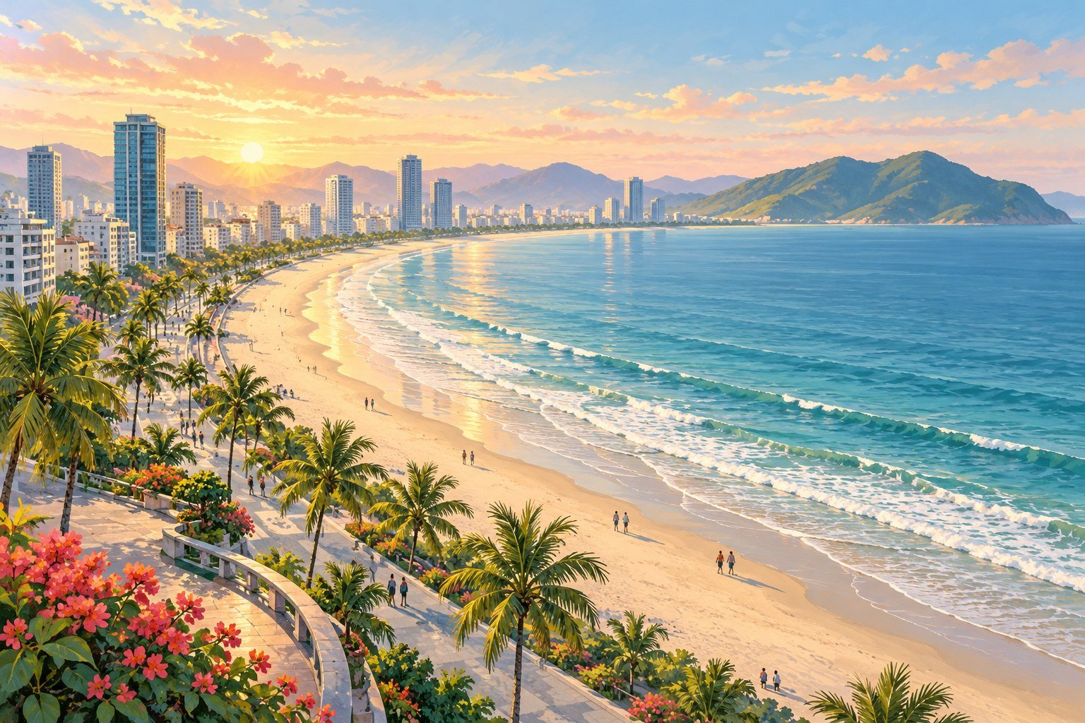 AI-generated illustration of a curving sandy city beach, a promenade, high-rise buildings and a green headland inspired by Da Nang.