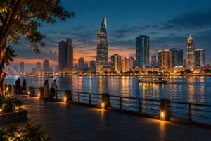 AI-generated editorial illustration of the Saigon River at blue hour, with a public promenade, illuminated city skyline and a small passenger boat.