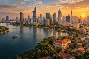 AI-generated editorial illustration inspired by the Saigon River and Ho Chi Minh City, showing layered low-rise neighbourhoods and modern buildings in warm evening light.