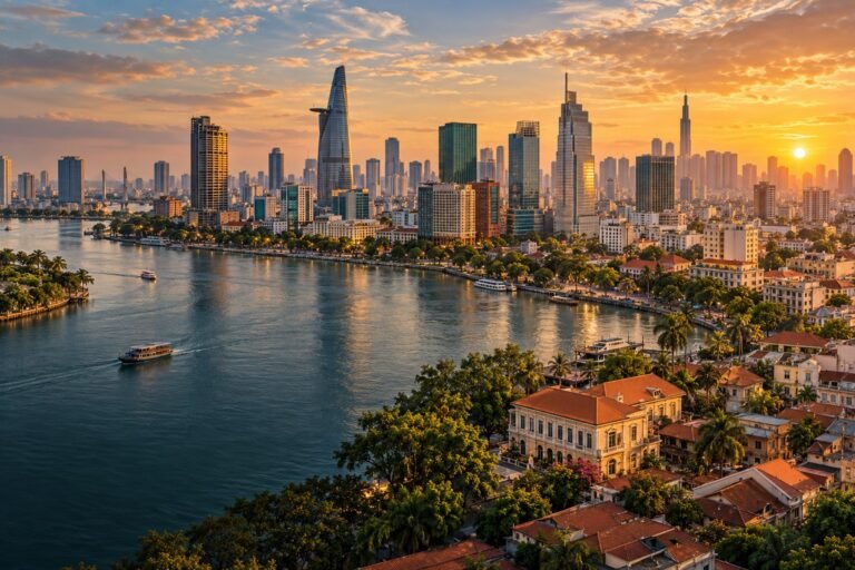 AI-generated editorial illustration inspired by the Saigon River and Ho Chi Minh City, showing layered low-rise neighbourhoods and modern buildings in warm evening light.