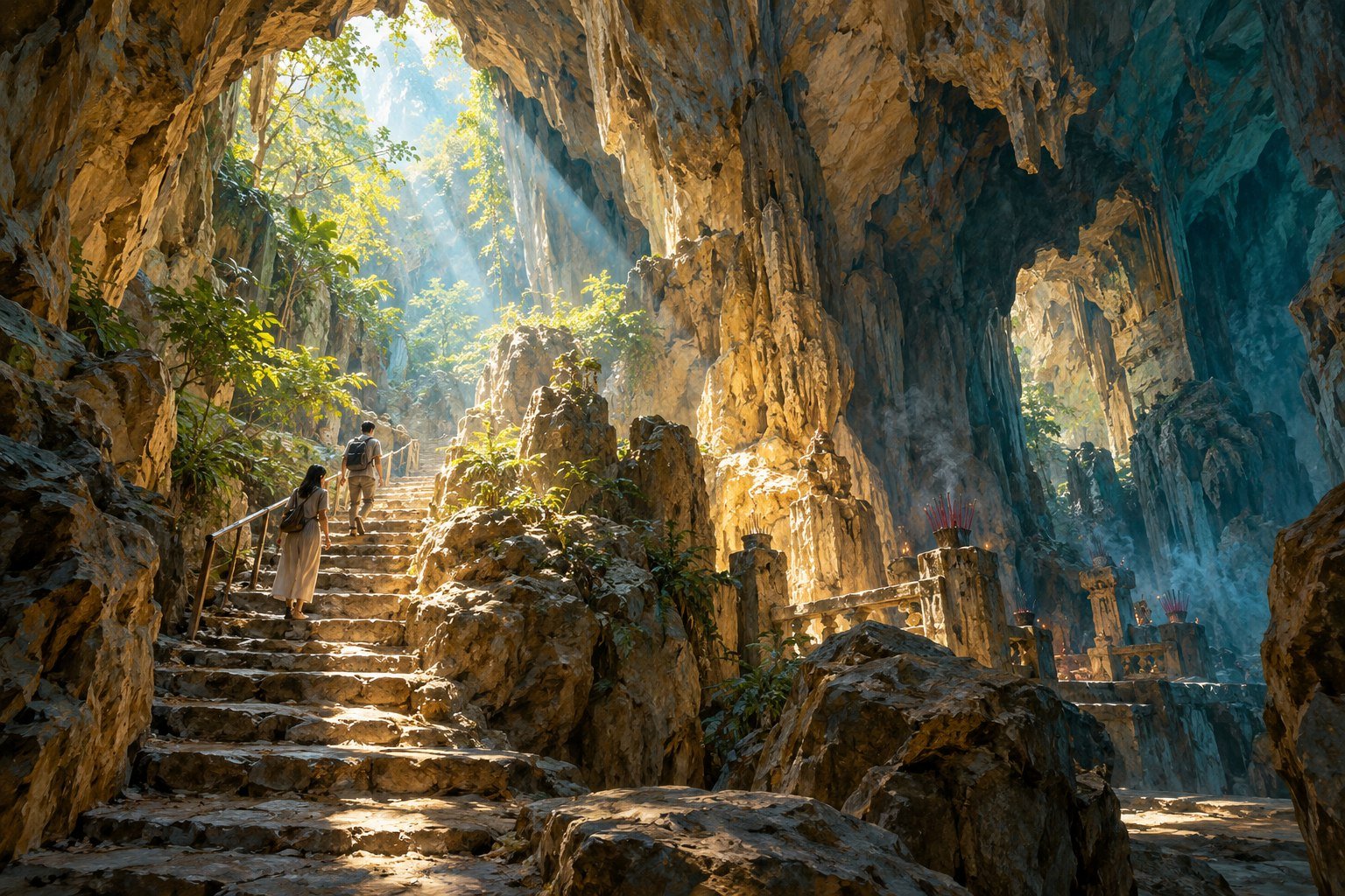 AI-generated illustration of visitors walking carefully on irregular stone steps inside a limestone cavern inspired by the Marble Mountains.