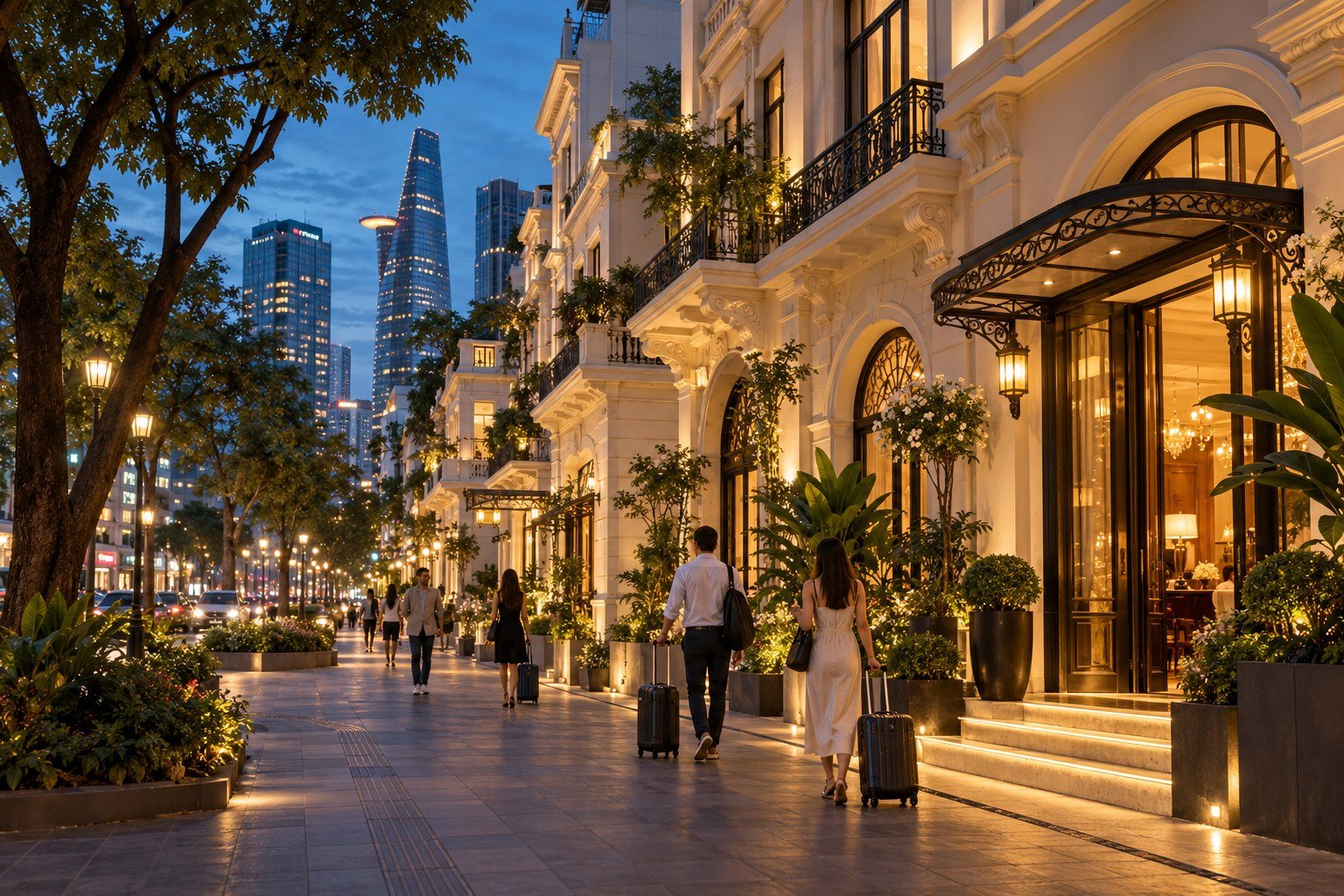 AI-generated editorial illustration inspired by central Ho Chi Minh City at blue hour, with elegant cream facades, warmly lit entrances, street trees and travellers.