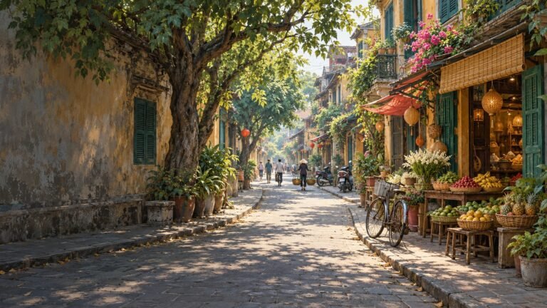 A leafy trading street with shopfronts, bicycles and pedestrians. AI-generated editorial illustration inspired by Hanoi’s Old Quarter; not a photograph of a particular street.