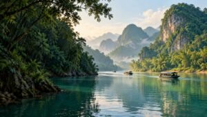 Small boats on a river between forested limestone hills. AI-generated editorial illustration inspired by Phong Nha; not a location photograph.