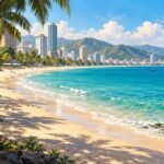 A palm-fringed beach, city waterfront and mountainous coast. AI-generated editorial illustration inspired by Nha Trang; not a location photograph.