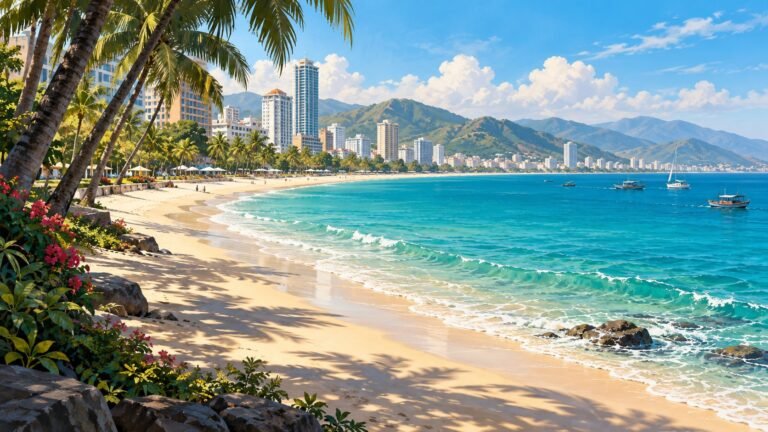A palm-fringed beach, city waterfront and mountainous coast. AI-generated editorial illustration inspired by Nha Trang; not a location photograph.