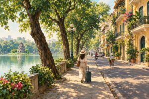AI-generated illustration of a traveller with a small case on a leafy lakeside street with ochre buildings inspired by Hanoi.