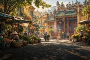 AI-generated editorial illustration inspired by Cholon, showing a Chinese-Vietnamese temple roof, market awnings, produce baskets and an everyday street scene.
