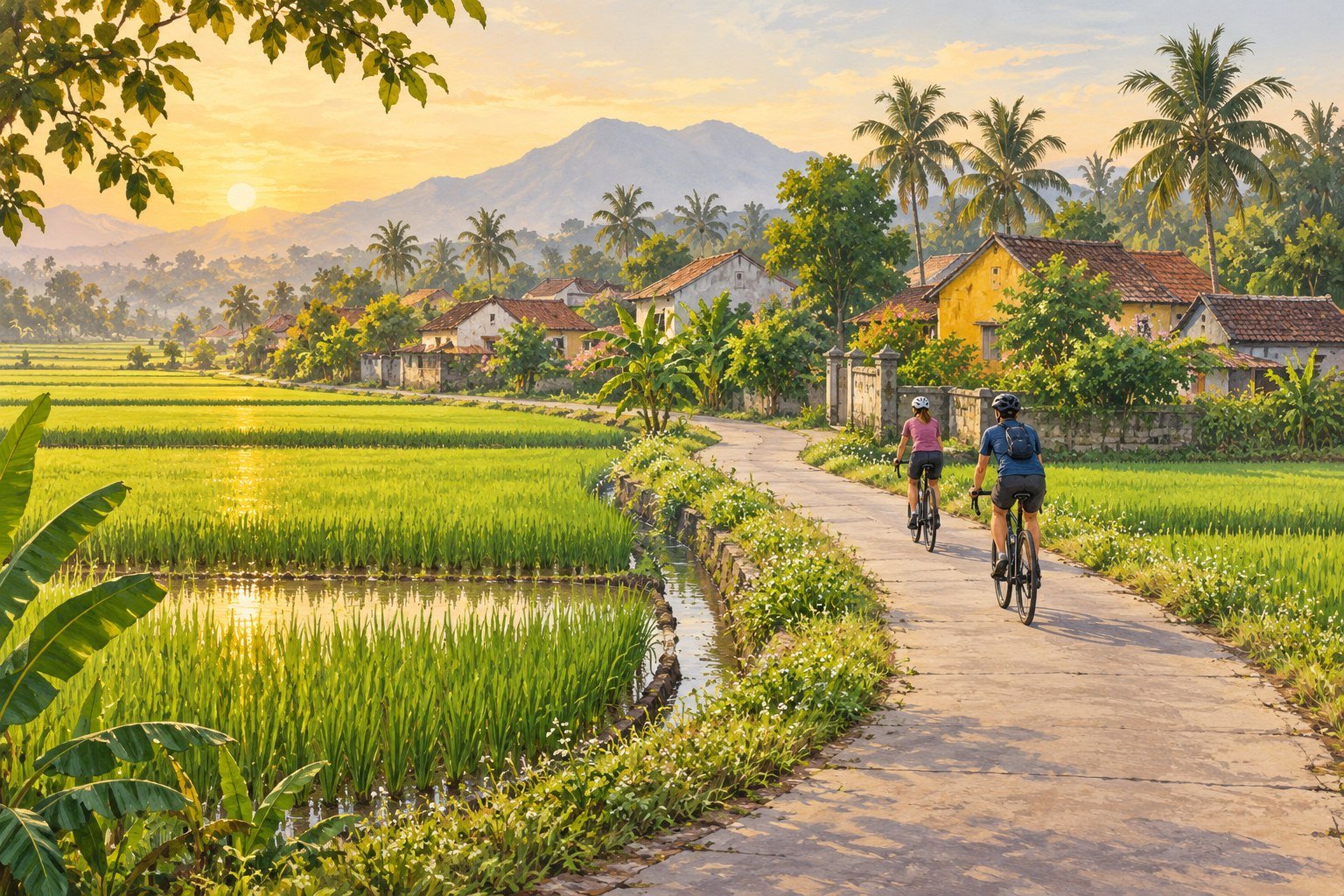 AI-generated illustration of two helmeted leisure cyclists on a village lane beside rice fields in a Hoi An-inspired landscape.