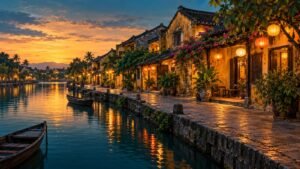 Illustrative riverside street in Hoi An with ochre facades, lanterns and greenery in early evening