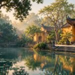 A traditional courtyard, tiled roofs and a reflective pond. AI-generated editorial illustration inspired by Hanoi’s heritage architecture; not a photograph of a specific attraction.