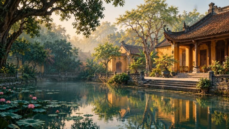 A traditional courtyard, tiled roofs and a reflective pond. AI-generated editorial illustration inspired by Hanoi’s heritage architecture; not a photograph of a specific attraction.