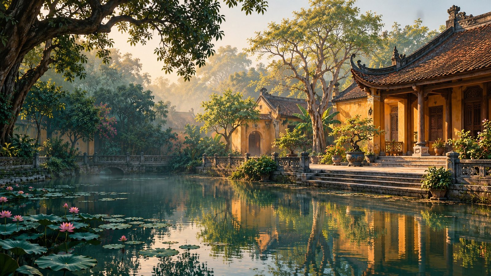 A traditional courtyard, tiled roofs and a reflective pond. AI-generated editorial illustration inspired by Hanoi’s heritage architecture; not a photograph of a specific attraction.