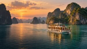 AI-generated white cruise vessel among limestone islands in a Ha Long Bay-inspired seascape at dusk.