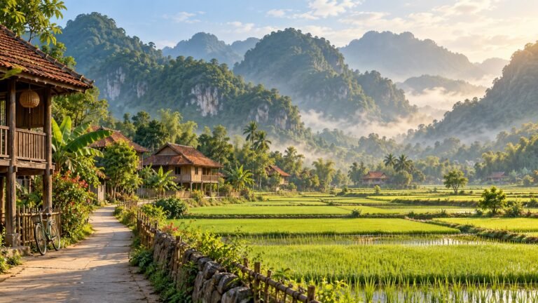 Illustrative Mai Chau valley with rice fields, stilt houses and forested limestone hills