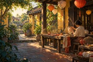 AI-generated editorial illustration of an adult artisan working on a lantern in a Hoi An-inspired courtyard with ochre walls, wooden shutters and hanging lanterns.