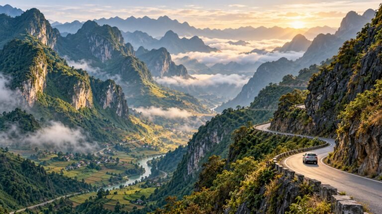 Illustrative limestone mountains and a winding road with a passenger car in northern Vietnam