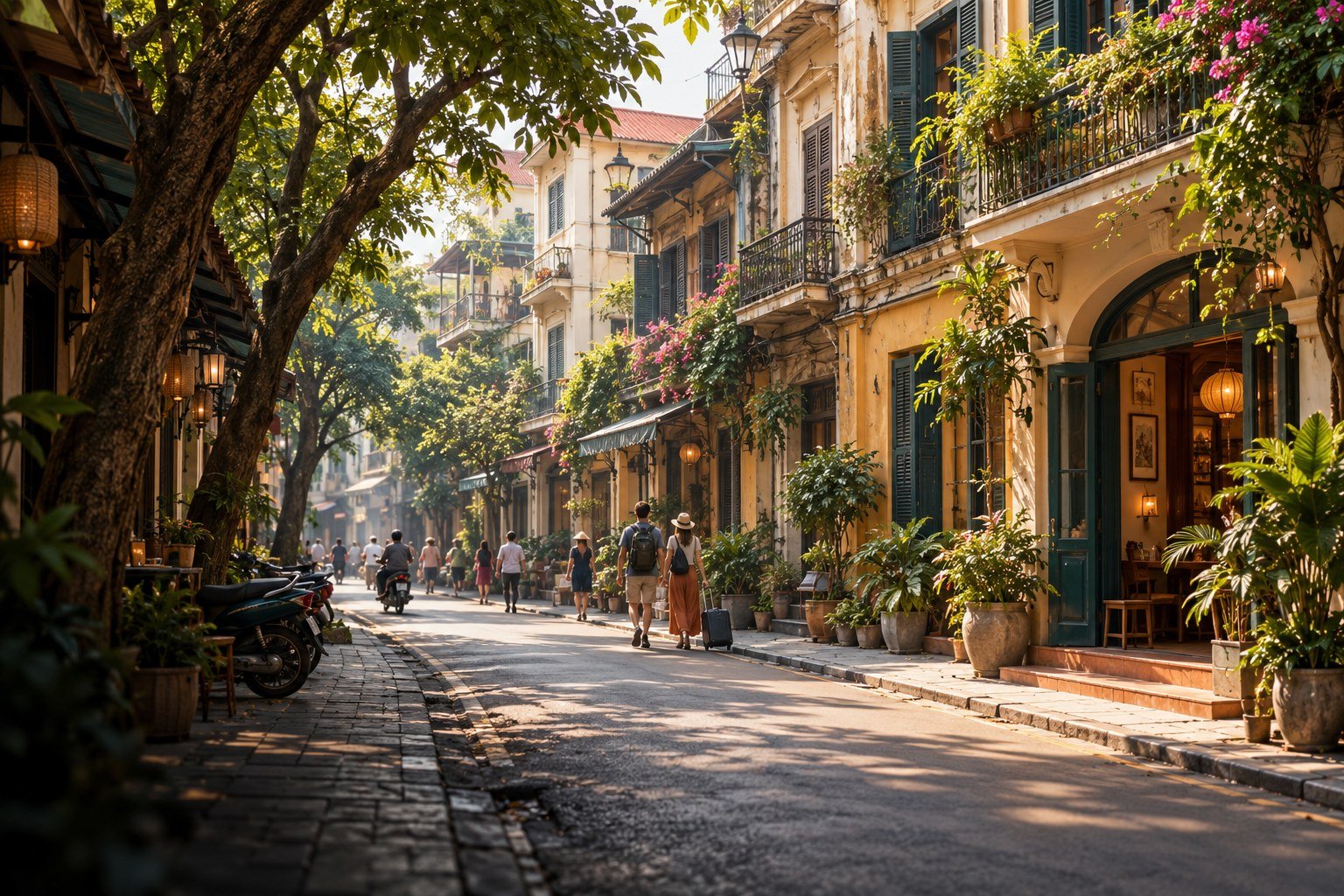 AI-generated editorial illustration inspired by a tree-shaded Hanoi Old Quarter street, with narrow ochre shophouses, balconies and travellers carrying compact luggage.