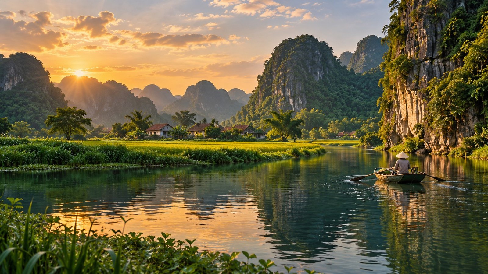 AI-generated Ninh Binh-inspired river landscape with limestone towers, rice fields and a small rowing boat.
