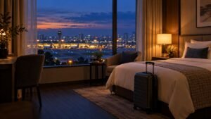 Illustrative hotel room near an urban airport at dusk with luggage beside a window