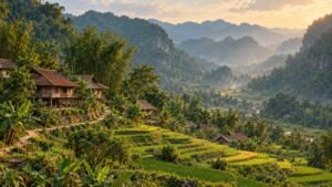 Illustrative Pu Luong hillside with rice terraces, stilt houses and forested limestone ridges