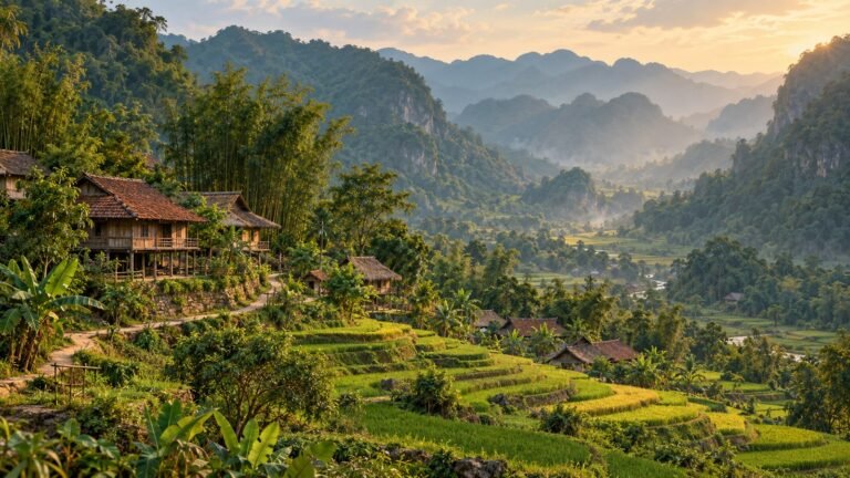 Illustrative Pu Luong hillside with rice terraces, stilt houses and forested limestone ridges
