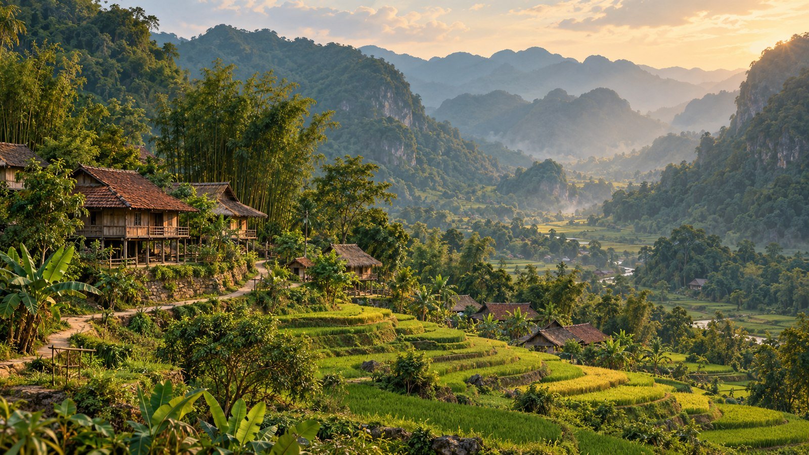 Illustrative Pu Luong hillside with rice terraces, stilt houses and forested limestone ridges