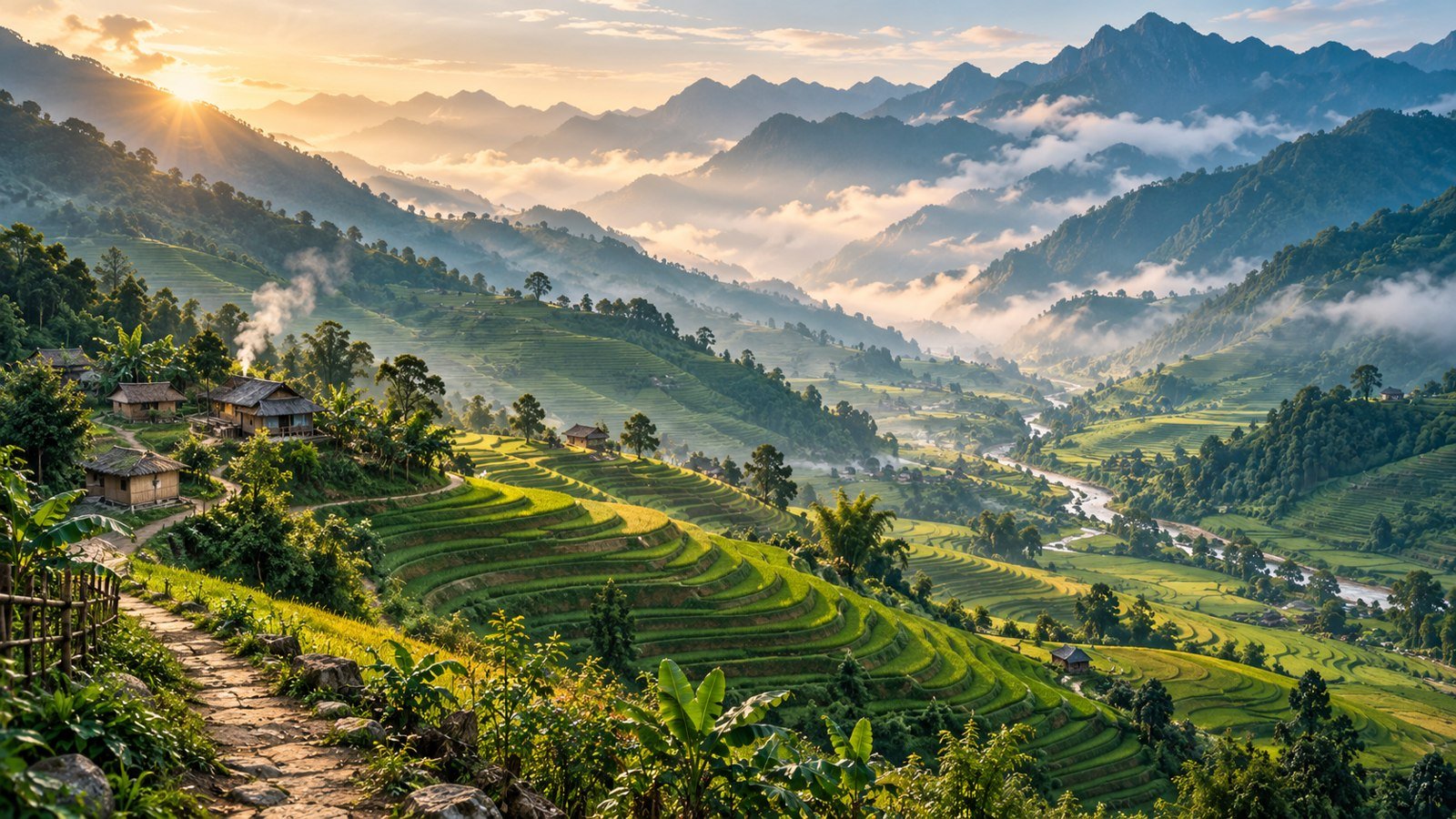 Illustrative Sapa mountain valley with green rice terraces, a village path and misty ridges
