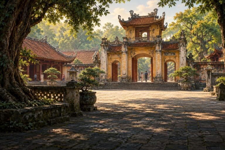 AI-generated editorial illustration of a historic Hanoi courtyard with an ochre gateway, tiled roofs, mature trees and soft morning light.