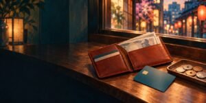 Editorial illustration of a travel wallet, generic cards, indistinct yen-inspired notes and coins on a wooden counter.