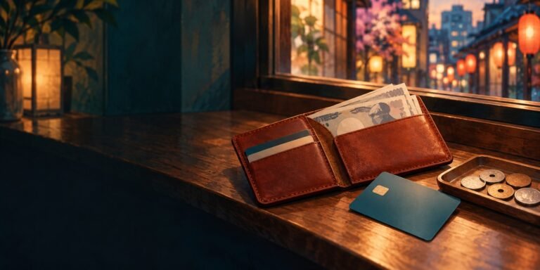 Editorial illustration of a travel wallet, generic cards, indistinct yen-inspired notes and coins on a wooden counter.