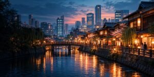 Editorial illustration of an imagined riverside Japanese city at dusk, with a bridge, traditional shopfronts and a modern skyline.