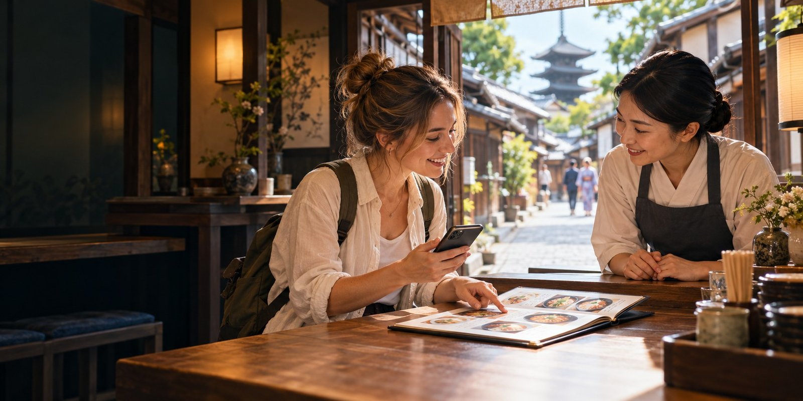 Editorial illustration of a traveller using a phone and pointing to a picture menu while a café staff member helps at the counter.