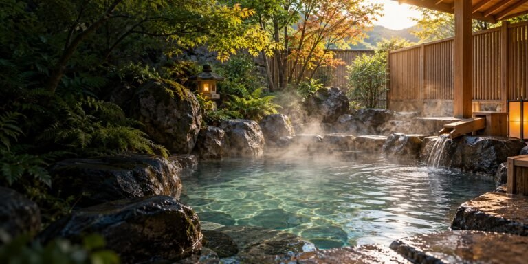 Editorial illustration of an empty stone outdoor bath with steam, a wooden privacy fence and a quiet garden.