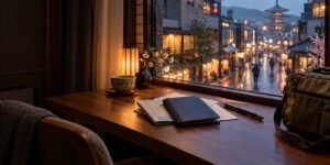 Editorial illustration of travel papers, a blank passport cover and a bag beside a window overlooking a rainy Japanese-style street.