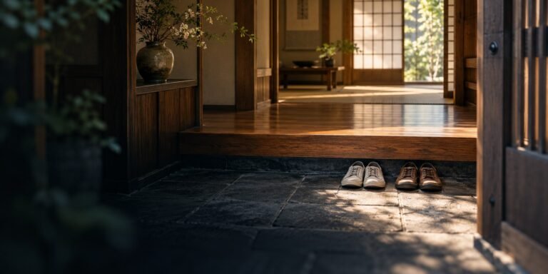 Editorial illustration of outdoor shoes arranged on the lower stone level of a Japanese genkan, below the raised wooden interior floor.