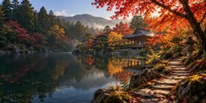 Editorial illustration of a Japanese garden with autumn maple foliage, a pond and a wooden pavilion.