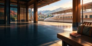 Editorial illustration of a quiet Japanese station, an unbranded high-speed train and a travel bag beside a closed notebook.