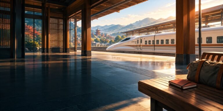 Editorial illustration of a quiet Japanese station, an unbranded high-speed train and a travel bag beside a closed notebook.