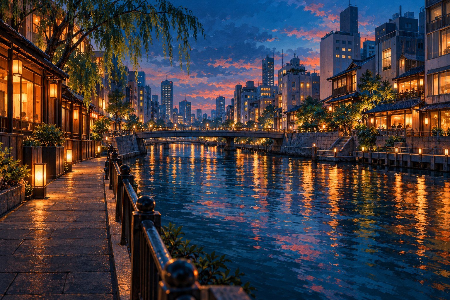 Osaka-inspired canal at blue hour